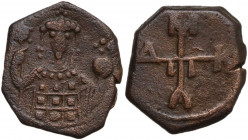 Manuel I Comnenus (1143-1180). AE Half Tetarteron. Uncertain Greek mint. Obv. Cruciform monogram. Rev. Bust of Manuel facing, beardless, wearing crown...