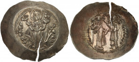 Andronicus I Comnenus (1183-1185). EL Aspron Trachy. Constantinople mint. Obv. ΘΚΕ ΡΟΗΘΕ. MΘ- ΘV. The Virgin, orans, standing facing on dais, nimbate,...