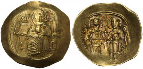 Isaac II Angelus (1185-1195). AV Hyperpyron, Constantinople mint. Obv. The Virgin enthroned facing, nimbate, holding head of infant Christ. Rev. Emper...