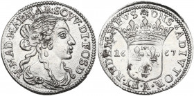 Fosdinovo. Maria Maddalena Centurioni (1663-1669), moglie di Pasquale Malaspina. Luigino 1667. CNI cfr. 3/6 (sole all'inizio della legenda); Camm. 71....