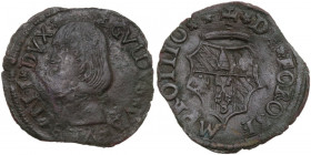 Fossombrone. Guidobaldo I da Montefeltro (1482-1508). Quattrino. CNI tav. XX, 2; Cav. 19. MI. 1.25 g. 20.00 mm. Tondello leggermente ondulato. BB.