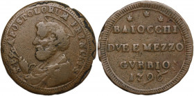 Gubbio. Pio VI (1775-1799), Giovanni Angelo Braschi. Sampietrino da due baiocchi e mezzo 1796. CNI 20; M. 353; Berm. 3108. AE. 14.38 g. 30.00 mm. R. q...