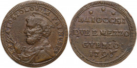 Gubbio. Pio VI (1775-1799), Giovanni Angelo Braschi. Sampietrino da due baiocchi e mezzo 1796. CNI -; M. -; Berm. 3108. CU. 16.38 g. 30.00 mm. RR. App...