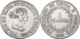 Lucca e Piombino. Elisa Bonaparte e Felice Baciocchi (1805-1814). 5 Franchi 1805. CNI 1/4; MIR (Toscana, zecche) 244. AG. 24.73 g. 37.50 mm. BB.