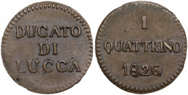 Lucca. Carlo Ludovico di Borbone (1824-1847). Quattrino 1826. CNI 10; MIR (Toscana, zecche) 252. CU. 1.05 g. 15.00 mm. Bel BB+.