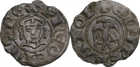 Messina. Enrico VI di Svevia (1194-1197) col figlio Federico. Denaro. Sp. 32 var; Travaini 1993 8 var; D'Andrea 51. MI. 0.77 g. 15.00 mm. L'aquila ha ...