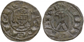 Messina. Enrico VI di Svevia (1194-1197) col figlio Federico. Denaro. Sp. 32; Travaini 1993 8; D'Andrea 51. MI. 0.57 g. 15.00 mm. BB+.