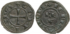 Messina. Corrado I di Svevia (1250-1254). Denaro. Sp. 156; Travaini 1993 53; D'Andrea 197. MI. 1.04 g. 15.00 mm. Patina verde. qSPL.