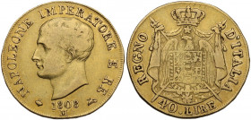 Milano. Napoleone (1805-1814). 40 lire 1808 Milano. CNI 32; Crippa 24/C; MIR (Milano) 479/2. AU. 12.85 g. 26.00 mm. qBB.