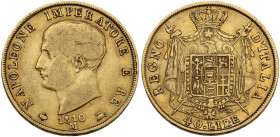 Milano. Napoleone (1805-1814). 40 lire 1810 Milano, seconda e terza cifra ribattuta. CNI 66; Crippa 25/C; MIR (Milano) 488/3. AU. 12.81 g. 26.00 mm. q...