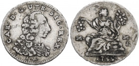Napoli. Carlo di Borbone (1734-1759). Mezzo carlino 1755. P/R 45; MIR (Napoli) 342. AG. 1.00 g. 16.00 mm. R. BB.