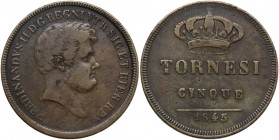 Napoli. Ferdinando II di Borbone (1830-1859). 5 tornesi 1845. P/R 218; MIR (Napoli) 523/3. AE. 16.75 g. 31.00 mm. RRR. Millesimo raro. qBB/BB.