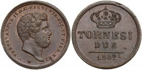 Napoli. Ferdinando II di Borbone (1830-1859). Due tornesi 1852. P/R 254; MIR (Napoli) 528/8. AE. 5.86 g. 24.50 mm. Rame rosso. SPL+.