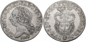 Carlo Emanuele III, monetazione per la Sardegna. Mezzo scudo sardo 1768. Biaggi 823a; Sim. 45; MIR 958a. AG. 11.65 g. 33.00 mm. qBB/BB.