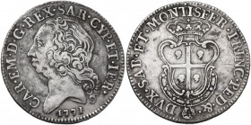 Carlo Emanuele III, monetazione per la Sardegna. Mezzo scudo sardo 1771. Biaggi 823c; Sim. 45; MIR 958d. AG. 11.60 g. 33.00 mm. qBB.