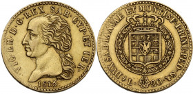 Vittorio Emanuele I (1802-1821). 20 lire 1816 Torino. Pag. 4; MIR (Savoia) 1028a. AU. 6.45 g. 21.00 mm. Colpetto al ciglio. BB.