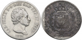 Carlo Felice (1821-1831). 5 lire 1826 Torino. Pag. 71; MIR (Savoia) 1035i. AG. 37.00 mm. MB+/qBB.