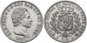 Carlo Felice (1821-1831). 5 lire 1827 Genova. Pag. 72; MIR (Savoia) 1035j. AG. 37.00 mm. BB.