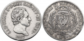 Carlo Felice (1821-1831). 5 lire 1827 Torino. Pag. 73; MIR (Savoia) 1035k. AG. 37.00 mm. qBB.