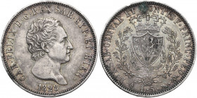 Carlo Felice (1821-1831). 5 lire 1828 Torino. Pag. 75; MIR (Savoia) 1035m. AG. 37.00 mm. Patina riposata. BB+.