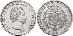 Carlo Felice (1821-1831). 5 lire 1829 genova. Pag. 76; MIR (Savoia) 1035n. AG. 37.00 mm. Colpetto al ciglio. BB.