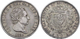 Carlo Felice (1821-1831). 5 lire 1829 Genova. Pag. 76; MIR (Savoia) 1035n. AG. 37.00 mm. Patina dorata. BB+.