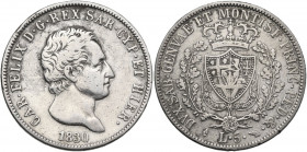 Carlo Felice (1821-1831). 5 lire 1830 torino. Pag. 79; MIR (Savoia) 1035q. AG. 37.00 mm. NC. MB+.