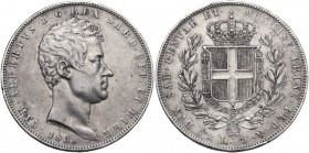 Carlo Alberto (1821-1831). 5 lire 1838 Genova. Pag. 243; MIR (Savoia) 1047r. AG. 37.00 mm. qBB.