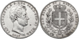 Carlo Alberto (1821-1831). 5 lire 1843 Genova. Pag. 253; MIR (Savoia) 1047ab. AG. 37.00 mm. qBB/BB.