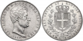 Carlo Alberto (1821-1831). 5 lire 1847 Genova. Pag. 261; MIR (Savoia) 1047aj. AG. 37.00 mm. Fondi lucenti. Bel BB/SPL.