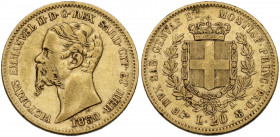 Vittorio Emanuele II (1849-1861), Re di Sardegna. 20 lire 1850 Torino. Pag. 338; MIR (Savoia) 1055b. AU. 6.44 g. 21.00 mm. qBB.