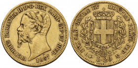 Vittorio Emanuele II (1849-1861), Re di Sardegna. 20 lire 1857 Torino. Pag. 351; MIR (Savoia) 1055q. AU. 6.43 g. 21.00 mm. qBB/BB.