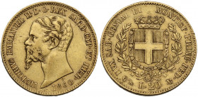 Vittorio Emanuele II (1849-1861), Re di Sardegna. 20 lire 1860 Genova. Pag. 356; MIR (Savoia) 1055v. AU. 6.46 g. 21.00 mm. BB.