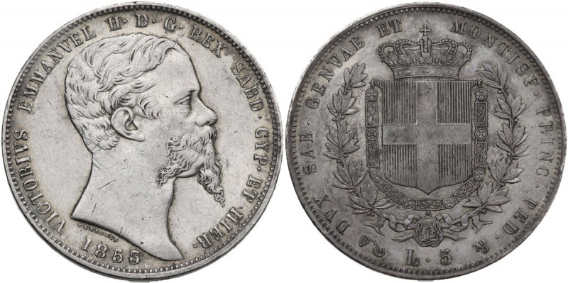 Vittorio Emanuele II (1849-1861). 5 lire 1853 Genova. Pag. 376; MIR (Savoia) 105...