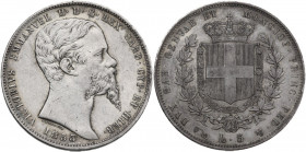 Vittorio Emanuele II (1849-1861). 5 lire 1853 Genova. Pag. 376; MIR (Savoia) 1057g. AG. 37.00 mm. RR. Segnetti al Diritto. BB/Bel BB.