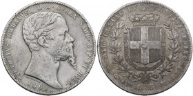 Vittorio Emanuele II (1849-1861). 5 lire 1861 Torino. Pag. 390; MIR (Savoia) 1057u. AG. 37.00 mm. RR. MB+.