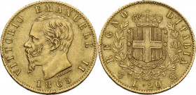 Vittorio Emanuele II (1861-1878). 20 lire 1865 Torino. Pag. 459; MIR (Savoia) 1078f. AU. 6.45 g. 21.00 mm. BB+.