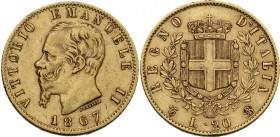 Vittorio Emanuele II (1861-1878). 20 lire 1867 Torino. Pag. 461; MIR (Savoia) 1078h. AU. 6.44 g. 21.00 mm. qBB/BB.