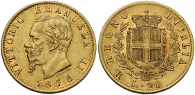 Vittorio Emanuele II (1861-1878). 20 lire 1878 Roma. Pag. 475; MIR (Savoia) 1078v. AU. 6.41 g. 21.00 mm. Segnetti al diritto. BB/BB+.