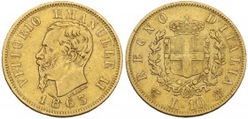 Vittorio Emanuele II (1861-1878). 10 lire 1863 Torino. Pag. 477; MIR (Savoia) 1079b. AU. 3.14 g. 18.50 mm. qBB.