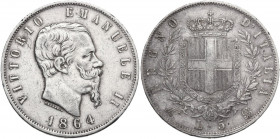 Vittorio Emanuele II (1861-1878). 5 lire 1864 Napoli. Pag. 485; MIR (Savoia) 1082d. AG. 37.00 mm. R. qBB.