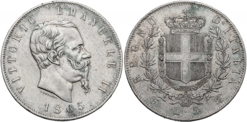 Vittorio Emanuele II (1861-1878). 5 lire 1865 Torino. Pag. 487; MIR (Savoia) 108...