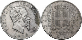 Vittorio Emanuele II (1861-1878). 5 lire 1869 Milano. Pag. 489; MIR (Savoia) 1082h. AG. 37.00 mm. NC. qBB/BB.