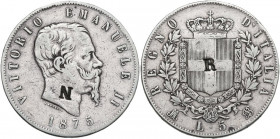 Vittorio Emanuele II (1861-1878). 5 lire 1875 Milano con punzone 'N' al diritto e 'R' al rovescio. Pag. 499; MIR (Savoia) 1082u. AG. 37.00 mm. R. MB+/...