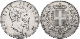 Vittorio Emanuele II (1861-1878). 5 lire 1875 Roma. Pag. 500; MIR (Savoia) 1082v. AG. 37.00 mm. NC. Colpetti al ciglio. BB.