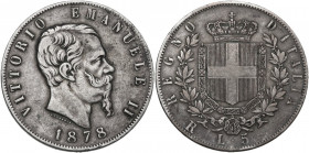 Vittorio Emanuele II (1861-1878). 5 lire 1878 Roma. Pag. 503; MIR (Savoia) 1082aa. AG. 37.00 mm. NC. qBB.