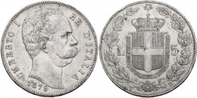 Umberto I (1878-1900). 5 lire 1879. Pag. 590; MIR (Savoia) 1100a. AG. 37.00 mm. Colpetti al ciglio. BB+.