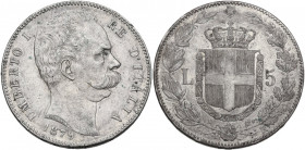 Umberto I (1878-1900). 5 lire 1879. Pag. 590; MIR (Savoia) 1100a. AG. 37.00 mm. Bei fondi. BB+.