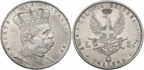 Colonia Eritrea. Umberto I (1890-1896). 5 lire o tallero 1891. Pag. 630; MIR (Savoia) 1110a. AG. 28.00 g. 40.00 mm. R. Colpetti al ciglio. Bel BB.