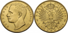 Vittorio Emanuele III (1900-1943). 100 lire 1903 FALSO/RIPRODUZIONE. Cf. Pag. 638; Cf. MIR (Savoia) 1114a. AU. 32.30 g. 35.00 mm. Colpetti. BB+.